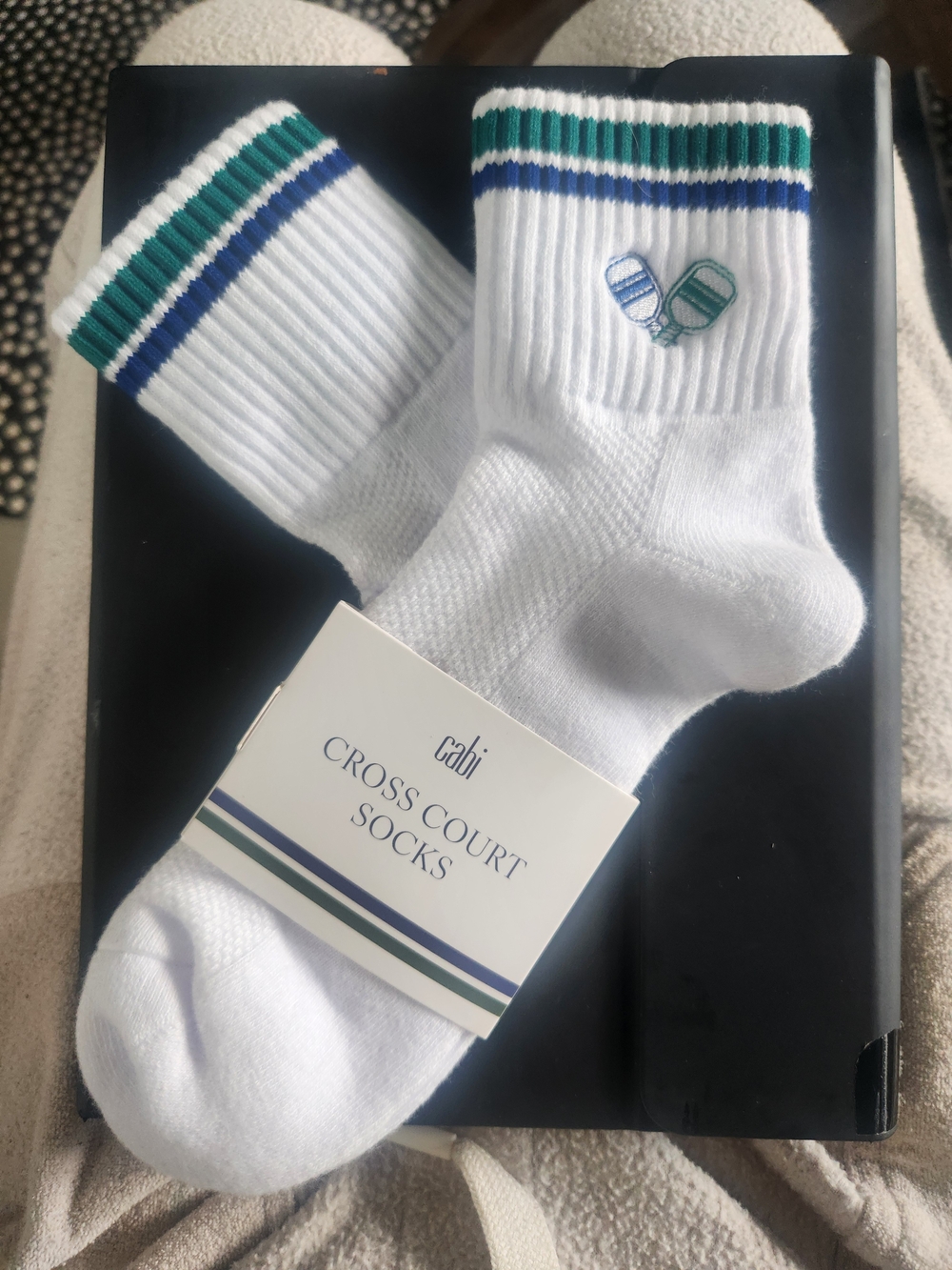 CAbi White PICKLEBALL Socks with Green & Blue Stripes